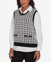 Alfred Dunner Petite Runway Ready Collared Houndstooth Vest Two One Sweater