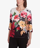 Alfred Dunner Petite Runway Ready Floral Crew Neck with Drawstring Hem Top