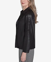 Alfred Dunner Petite Runway Ready Floral Embroidered Faux Leather Jacket