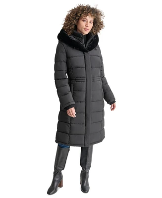 Dkny Women's Faux-Fur-Trim Hooded Bibbed Puffer Coat