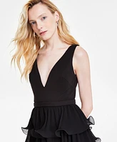 Betsy & Adam Women's Tiered Long V-Neck Gown