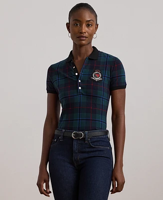 Lauren Ralph Petite Plaid Beaded-Crest Pique Polo Shirt