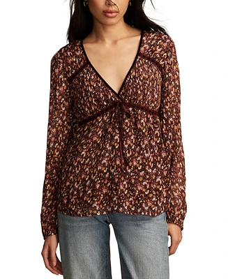 Lucky Brand Women's Printed Ruffle-Bodice V-Neck Top