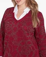 Ruby Rd. Plus Metallic Floral Layered Shirt Collar Sweater