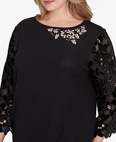 Ruby Rd. Plus Velvet Rosette Lace Sleeve Bejeweled Top