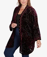 Ruby Rd. Plus Size Open Front Velvet Burnout Embroidered Cardigan Sweater