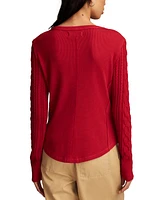 Lucky Brand Women's Cotton Textured Mixed-Sleeve Henley Top