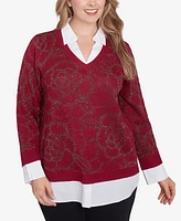 Ruby Rd. Plus Metallic Floral Layered Shirt Collar Sweater