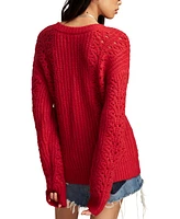 Lucky Brand Women's V-Neck Pointelle Cable Pullover