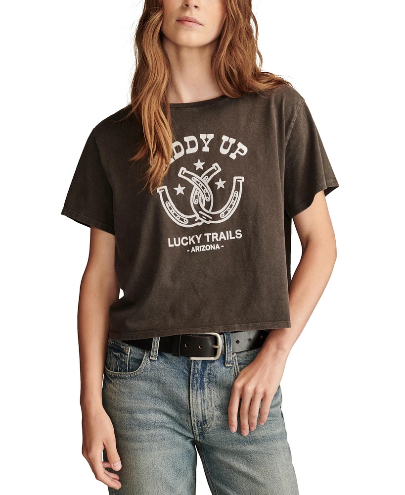 Lucky Brand Women's Cotton Giddy Up Crop Crewneck Tee