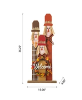 Glitzhome 36.25"H Lighted Wooden Scarecrow Family Porch Decor Wreath, With Timer