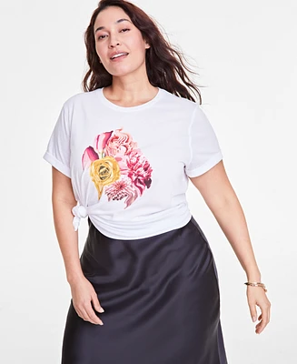 On 34th Trendy Plus Warped Flowers Graphic-Print Tee, Exclusively at Macy's