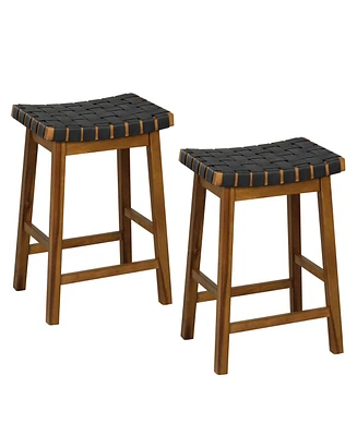 Costway Woven Saddle Stools Set of 2 25.5'' Faux Pu Leather Counter Height Kitchen Stool