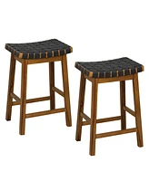 Costway Woven Saddle Stools Set of 2 25.5'' Faux Pu Leather Counter Height Kitchen Stool