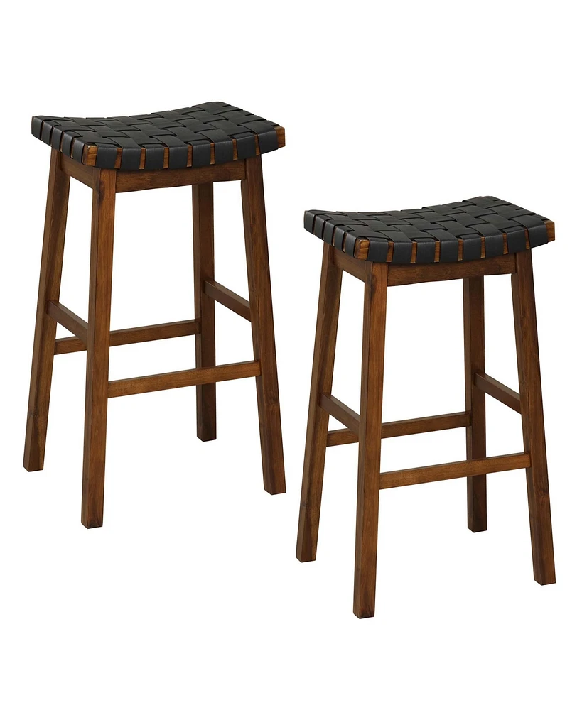 Costway Woven Saddle Stools Set of 2 31'' Faux Pu Leather Bar Height Kitchen Stool