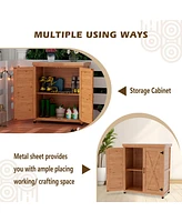 Potting Bench with Storage Cabinet and Metal Table Top for Outdoor Patio, Outdoor Work Station Table