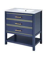 Modern 30inch Navy Blue/White Bathroom Vanity Cabinet Combo with OpenStorge, Two Drawers