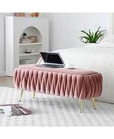 Streamdale Furniture Oval Storage Bench with Gold Legs, Velvet Fabric Upholstered Ottoman Storage Benches for Bedroom End of Bed, Sherpa Fabric Bench