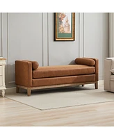 66.34" W Elegant Upholstered Bench, Daybed, Ottoman with Wood Legs & 2 Bolster Pillows for End of Bed, Bedroom, Living Room, Entryway, Brown Poly