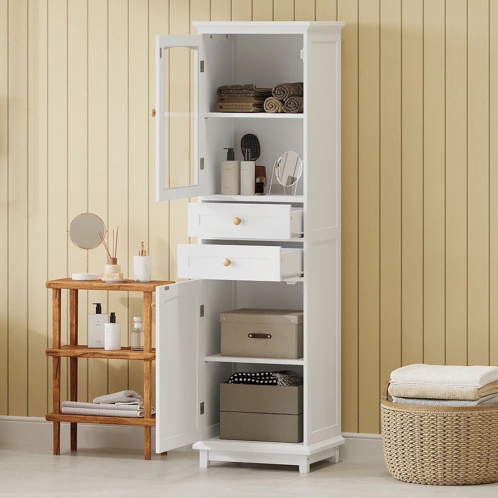 63" Tall Bathroom Storage Cabinet with Glass Doors, Free-Standing, Two Drawers, and Adjustable Shelves, Mdf Board