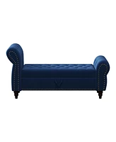 Streamdale Furniture 64.5" Bed Bench for Bed Room Nails Tufted Chaise of Lounge with Storage Velvet Upholstery Navy Blue