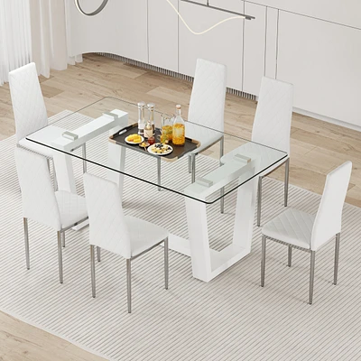 Streamdale Furniture Table and chair set.a rectangular dining table features with tempered glass top and sleek white Mdf stand.Paired with 6 Pu chairs