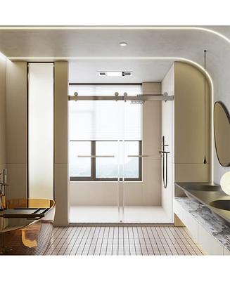 56-60 inches W 76 inches H Frameless Double Sliding Soft-Close Shower Door in Chrome, 3/8 inches (10mm) Thick Sgcc Tempered Glass Door