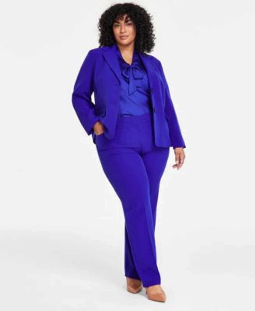 Kasper Plus Size Stretch Crepe Two Button Blazer Sleeveless Tie Front Top Stretch Crepe Straight Leg Pants