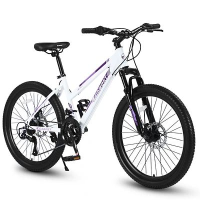 Simplie Fun 24 inch Mountain Bike for Teenagers Girls Women, Shimano 21 Speeds with Dual Disc Brakes and 100mm Front Suspension, White/Pink