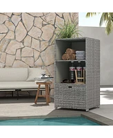 Valet Pool Towel Rack, Waterproof Pe Plastic Rattan Wicker Storage Organizer, Indoor Outdoor Spa, and Hot Tub Accessory Storage, 2 Shelves, 1 Basket D