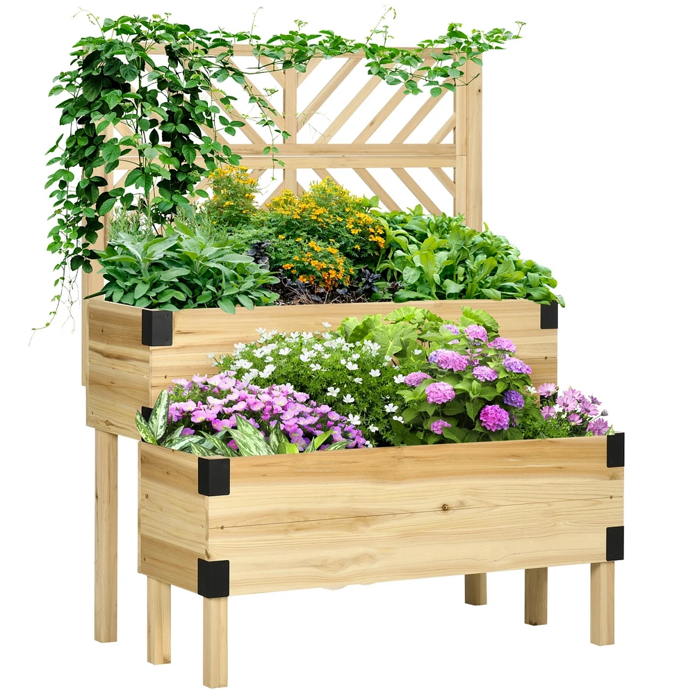 Simplie Fun Raised Garden Bed with Trellis, 2 Tier Wooden Elevated Planter Box with Legs and Metal Corners for Vegetables, Flowers, Herbs, Natural