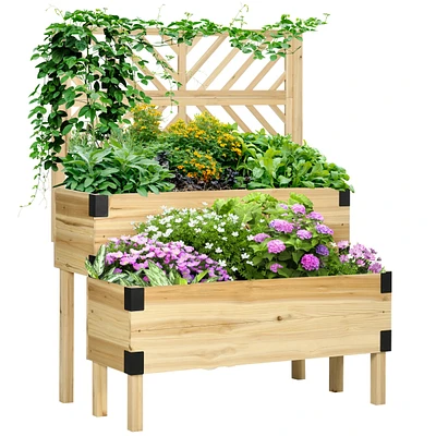 Streamdale Furniture Raised Garden Bed with Trellis, 2 Tier Wooden Elevated Planter Box with Legs and Metal Corners for Vegetables, Flowers, Herbs, Na