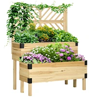 Simplie Fun Raised Garden Bed with Trellis, 2 Tier Wooden Elevated Planter Box with Legs and Metal Corners for Vegetables, Flowers, Herbs, Natural