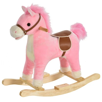 Simplie Fun Rocking Horse Plush Animal on Wooden Rockers, Baby Rocking Chair with Sounds, Moving Mouth, Wagging Tail, Pink