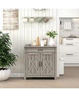 Farmhouse Sideboard Buffet Cabinet, Barn Door Coffee Bar Cabinet with Drawer and Adjustable Shelf, Kitchen Cabinet for Living Room, Entryway, Gray Was