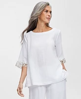 Jm Collection Women's Boat-Neck 3/4-Sleeve Gauze Top, Created for Macy's