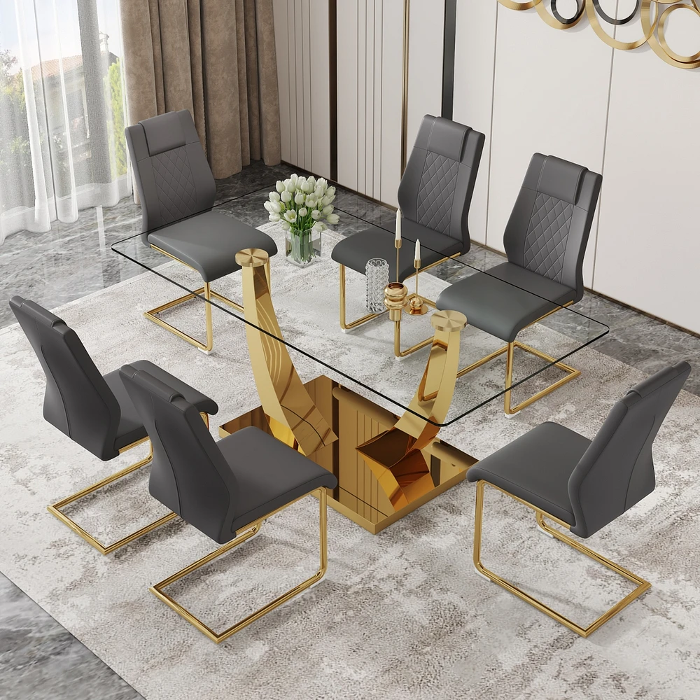 Simplie Fun Table and chair set.Modern rectangular dining table with Transparent tempered glass tabletop and gold plated metal legs.Paired with 6 comf