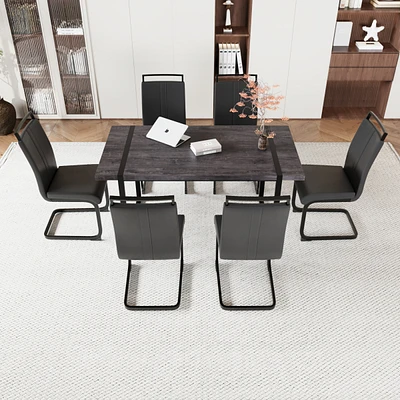 Simplie Fun 59" Rural Industrial Rectangular Mdf Black Dining Table Set and Pu Armless Dining Chair Set