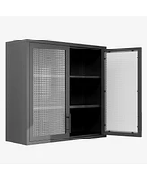 Retro Style Wall Mounted Cabinet Table-Top Storage Cabinet with Hazy Glass Doors and 2 Adjustable Shelves for Bathroom Kitchen Living Room Kitchen Hal