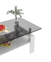 Streamdale Furniture Rectangle Coffee Table, Tempered Glass Tabletop with Mdf Layer, Modern Table for Living Room, Gray Glass