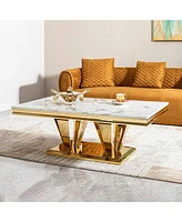 51.18" Modern Rectangular 0.78" Thick Mdf Marble Pattern Top, Coffee Table Stainless Steel Base with Gold Mirror Finish