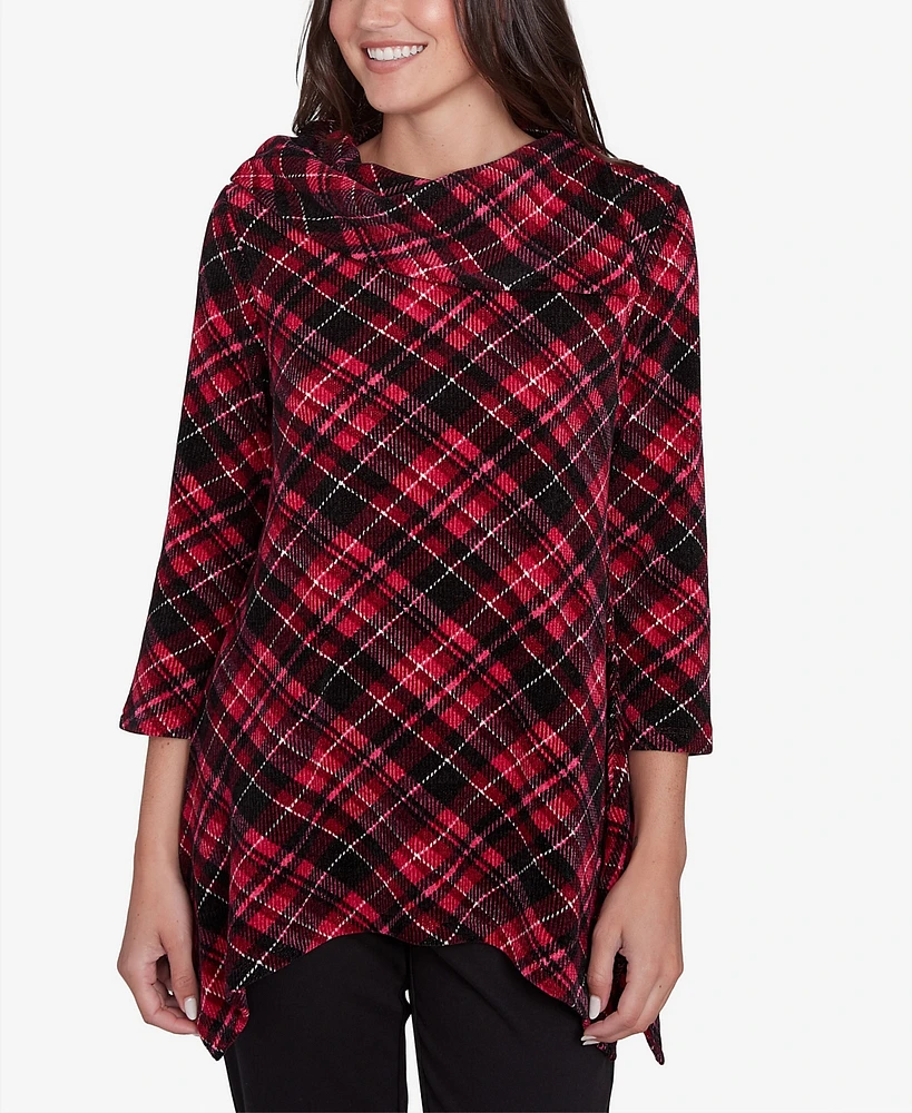 Ruby Rd. Petite Plaid Chenille Ribbed Knit Split Cowl Neck Top