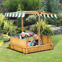Streamdale Furniture Wooden Kids Sandbox with Cover, Children Outdoor Sand Box with Foldable Bench Seats, Adjustable Canopy, Bottom Liner for Outdoor,