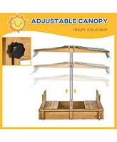 Streamdale Furniture Wooden Kids Sandbox with Cover, Children Outdoor Sand Box with Foldable Bench Seats, Adjustable Canopy, Bottom Liner for Outdoor,