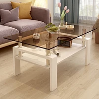 Rectangle Coffee Table, Tempered Glass Tabletop with Mdf Layer, Modern Table for Living Room, Brown Glass