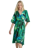 Dkny Women's Printed Sash-Tie V-Neck Elbow-Sleeve Midi Dress