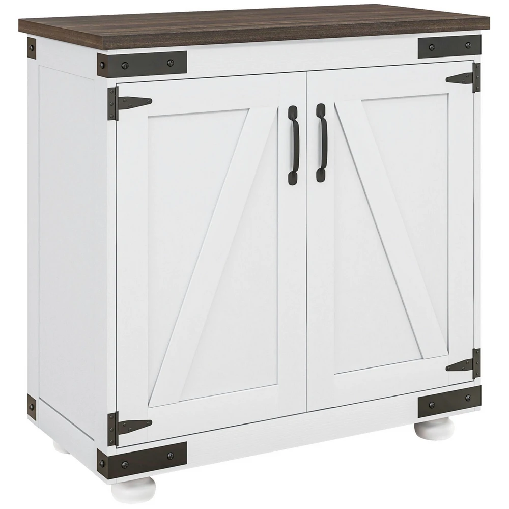 Modern Farmhouse Sideboard, Buffet Cabinet with Barn Style Door and Adjustable Shelf, Kitchen Storage Cabinet with Wood Legs, Distressed White and Bro