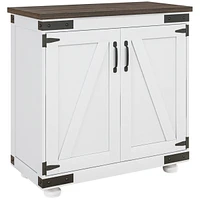 Modern Farmhouse Sideboard, Buffet Cabinet with Barn Style Door and Adjustable Shelf, Kitchen Storage Cabinet with Wood Legs, Distressed White and Bro