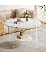 Tribesigns 31.5" Round Coffee Table with Acrylic Frame and High-Gloss Faux Marble Top, Modern Center Table with 2