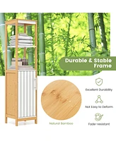 Gymax Tall Bathroom Floor Cabinet Bamboo Bathroom Storage w/Adjustable Shelf &Cupboard